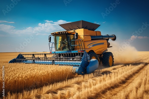 Aerial view of agriculture field with combine harvester harvest ripe wheat on a farm Agriculture