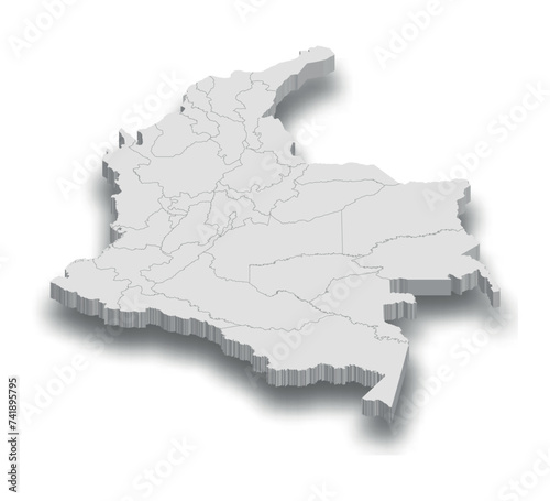 3d Colombia white map with regions isolated