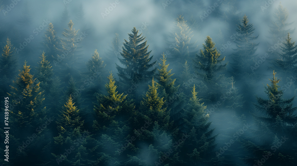 Enigmatic forest enveloped in ethereal fog, mysterious ambiance. - obrazy, fototapety, plakaty 