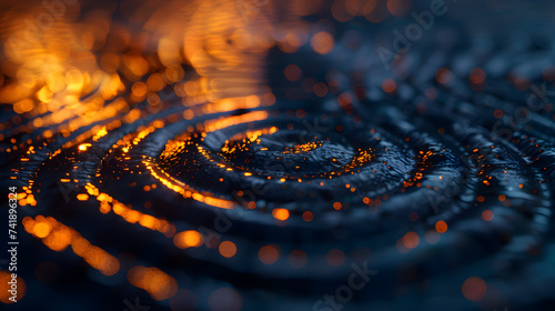 close up of a drop 3d image, A spiral of water is shown on a dark background. 