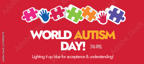 World Autism Day. 2nd April World Autism day celebration cover banner with colourful puzzle pieces and hand prints. Autism day awareness banner in dark red background. Accepting autistic people.