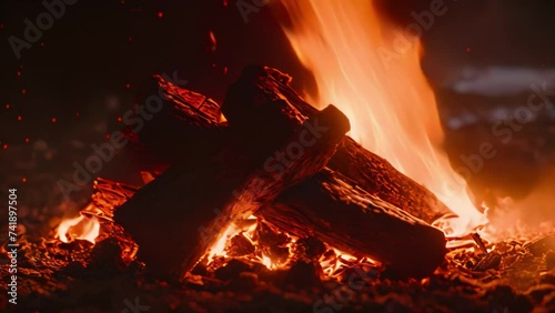 A close-up view of a fire burning intensely in a field, with glowing embers and flickering flames, Digital campfire on a starry night, with glowing embers, AI Generated photo