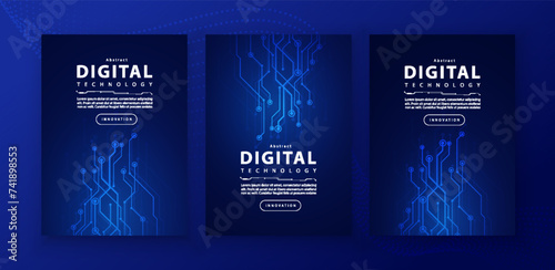 Poster brochure cover banner presentation layout template, technology digital futuristic internet network connection blue background, abstract cyber future tech communication, Ai big data science 3d