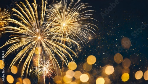 golden fireworks with bokeh effects creating an abstract new year ambiance space for text placement realistic fireworks isolated on dark backdrop adding a touch of festive celebration