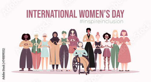 International Women's Day web banner, backround, poster. Inspire inclusion 2024 campaign. Group of women of different ethnicity, age, body type, hair color vector illustration in flat style.