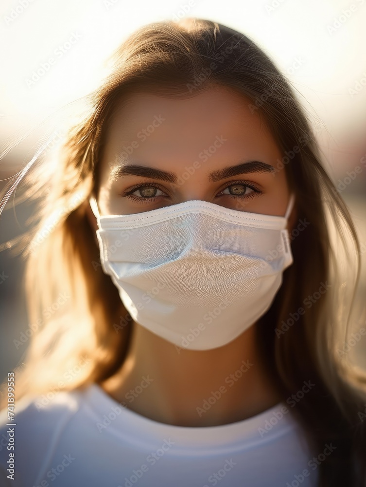 Young woman wearing a surgical mask on a sunny day in front of a city skyscraper, with the words Young woman wearing a surgical mask on a sunny day in front of a city skyscraper, with the words