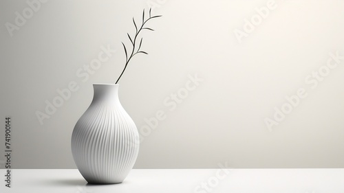 Modern White Vase on Table with Single Plant Stem 