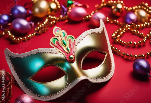 Festive colorful mardi gras or carnivale mask and accessories over red background Party invitation g