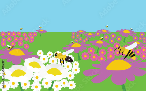 illustration of bees on flowers in nature  pollination