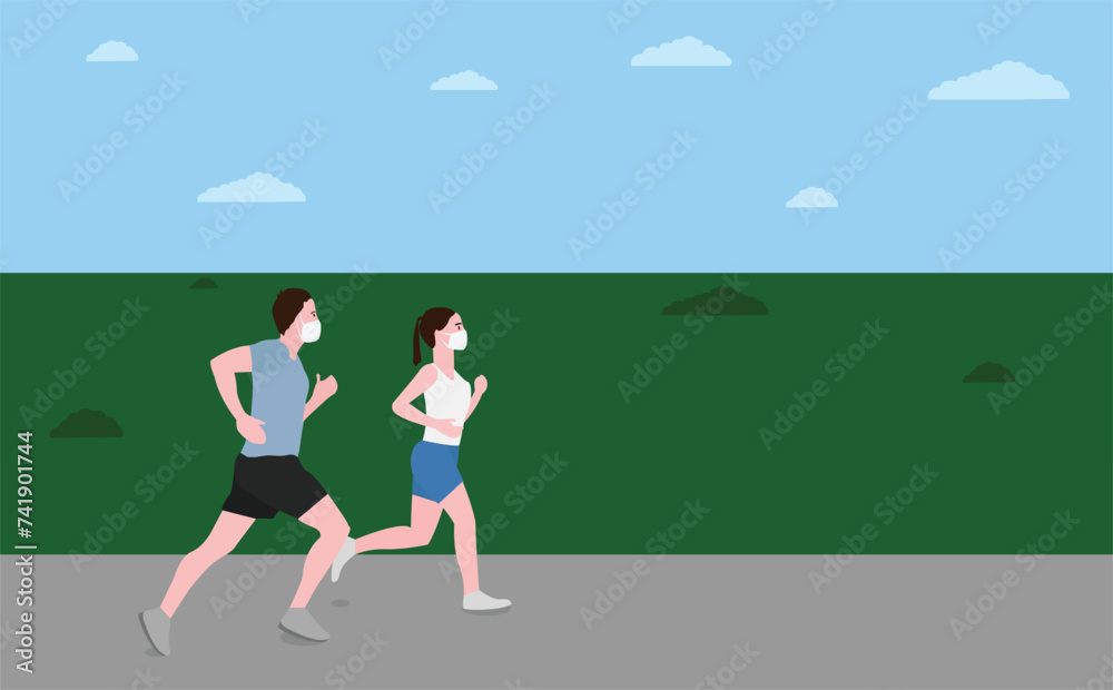 illustration of man and woman running with face masks