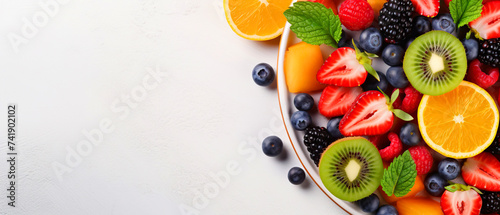 Web banner with fresh summer salad of various fruits and berries. Kiwi, orange, strawberry and blueberry on a plate decorated with mint on a table top view, free space for text photo
