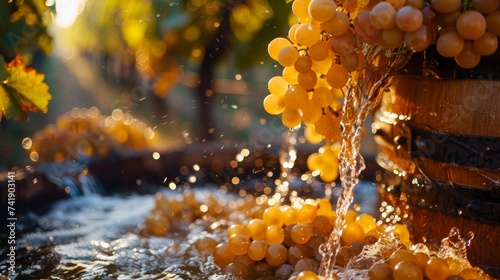 Sunlit bunches of white grapes being washed with water in a vineyard.
