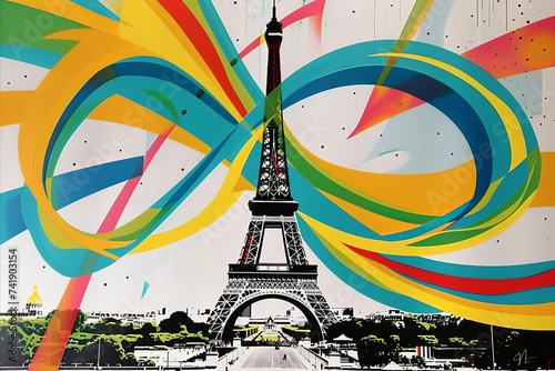 View of the Eiffel tower, Paris France with abstract colorful flowing lines