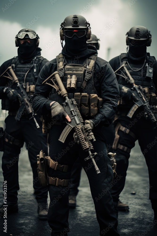 Elite Tactical Unit Ready for Deployment in Urban Environment During Dusk