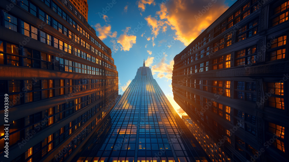 Impressive cityscape of skyscrapers seen from below, creating a stunning visual impact.