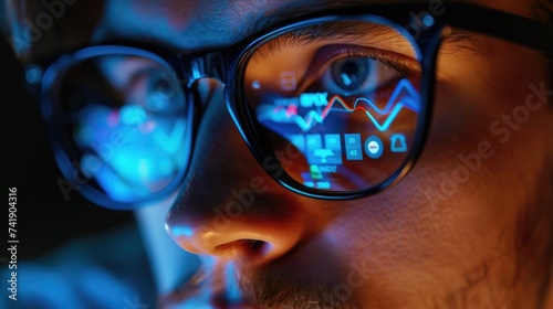 A Financial Analyst and Digital Businessman Strategically Executing Sells. Stock Market Trader Engaged with Investment Charts, Graphs, Ticker, and Diagrams,Reflected in Glasses. Generative AI
