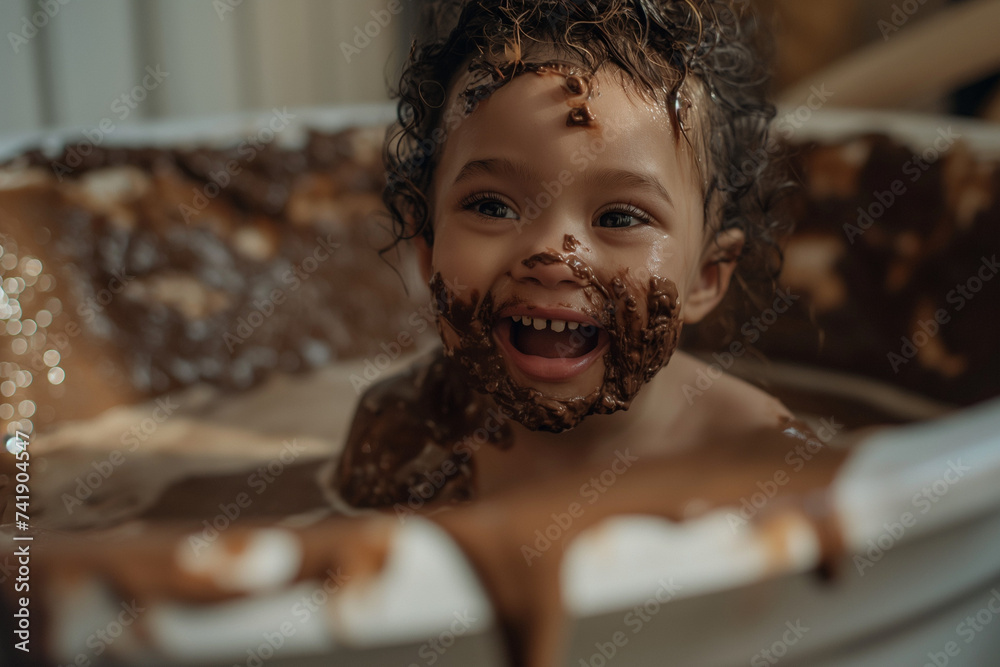 smiling child playing in a bathtub full of creamy chocolate Easter dessert - obrazy, fototapety, plakaty 