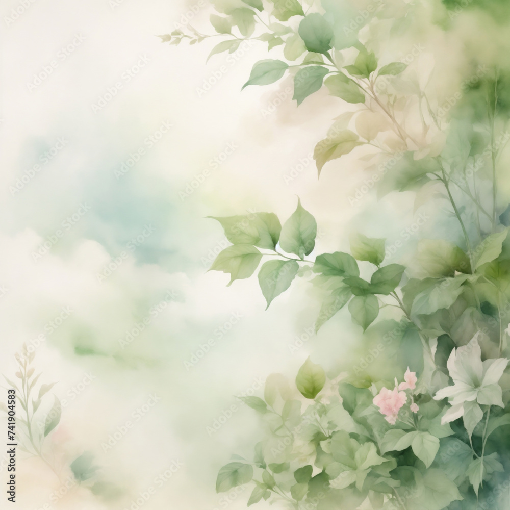 delicate spring watercolor graphic with delicate leaves and pink flowers and space for text