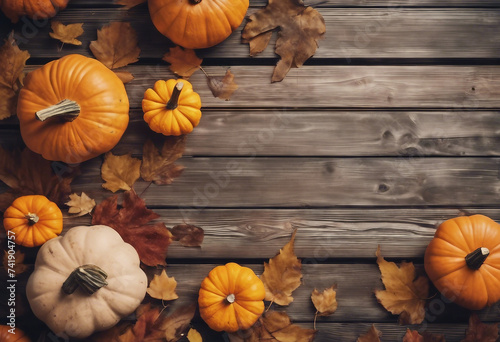 Pumpkins and leaves over wooden background copy space Template fall harvest thanksgiving halloween i