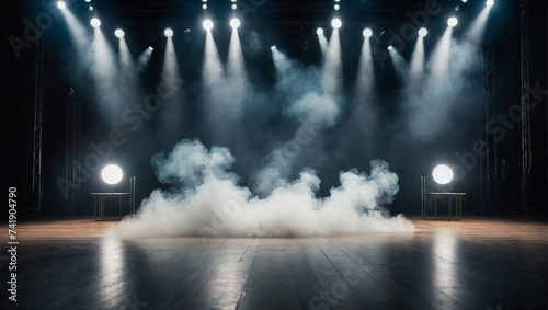 Empty stage under dim lights and in smoke. Entertainment, music and fashion concept. Product placement or copy space idea.