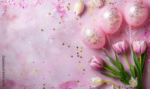 women s day festive background with pink balloons and tulips on abstract textured surface  copy space 