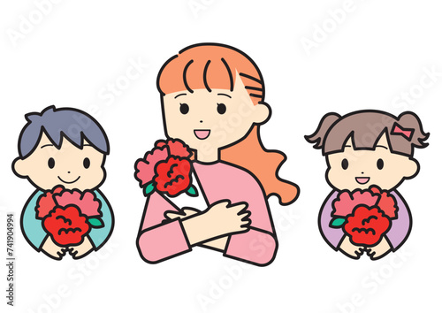 母の日　お母さんへカーネーションを贈る男の子と女の子