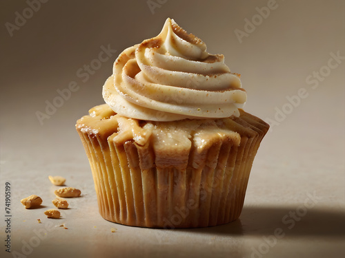 apple pie cupcake with cream . The combination of warm apple pie filling nestled inside a moist cupcake, topped with a dollop of creamy frosting, creates a delectable treat.