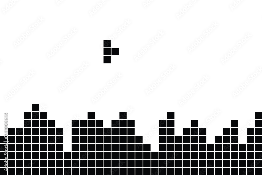 Game bricks tetris template. Black pixel blocks. Monochrome video game tetris background. Flat design vector illustration. Game bricks tetris template. Black pixel blocks. Monochrome video game tetris background. Flat design vector illustration.