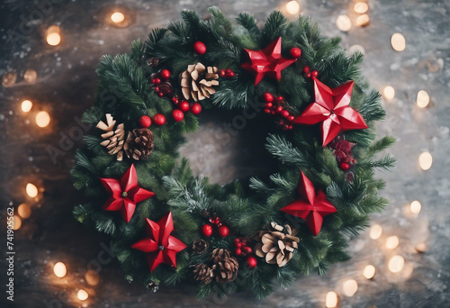 Top view of traditional Christmas wreath with copy space Winter holidays and Christmas celebration
