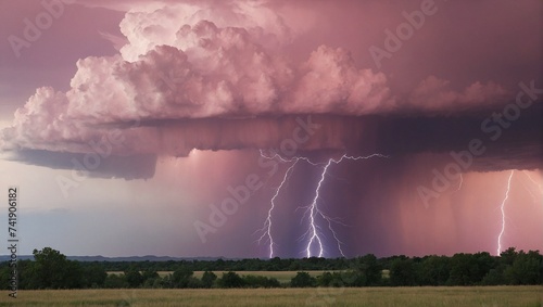 Lightning storm on pink background. Environmental and weather concept. Copy space.