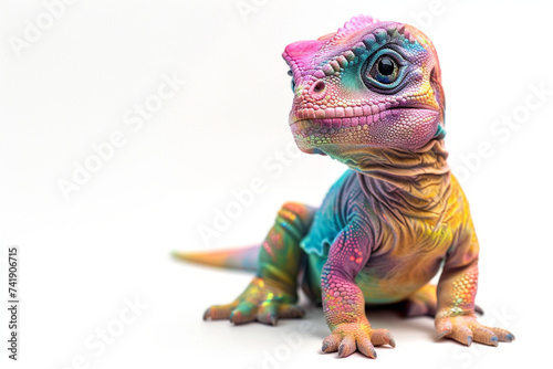 Studio portrait of a colorful baby dragon or a lizard. Close view on white background