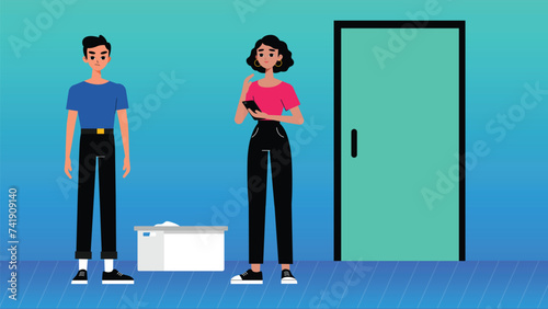 delivery man in uniform with parcel box give to woman costumer isolated over white background. social distancing and new normal concept.