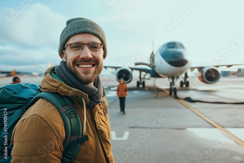 adult man boarding a passenger on the tarmac