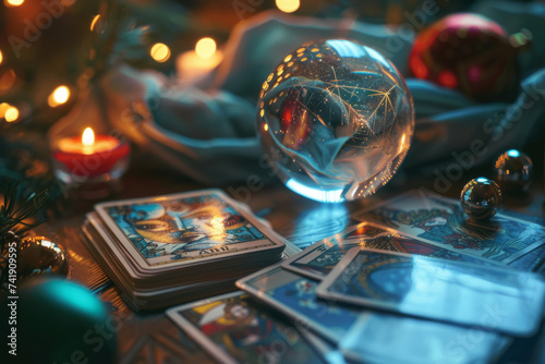 Fortune telling table with a magic crystal ball and tarot cards. Generative AI