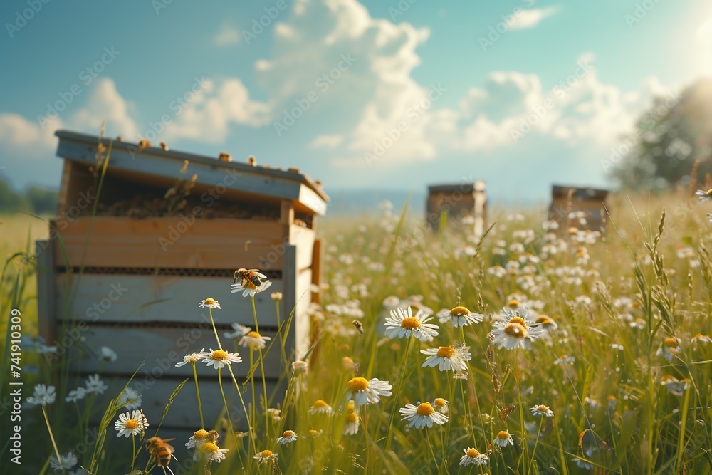 beehive in wooden boxes on the grass meadow beehive in wooden boxes on the grass meadow
