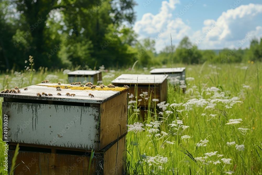 beehive in wooden boxes on the grass meadow