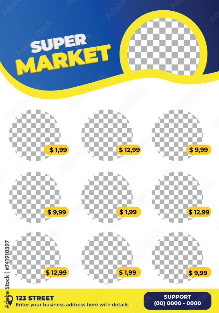Flyer template for market and commerce, yellow and blue, editable eps vector.