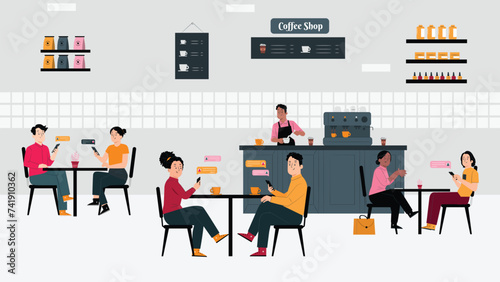 People in Food Court Indoor Interior Restaurant Cafeteria Illustration.