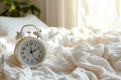 alarm clock on a bed with white sheets
