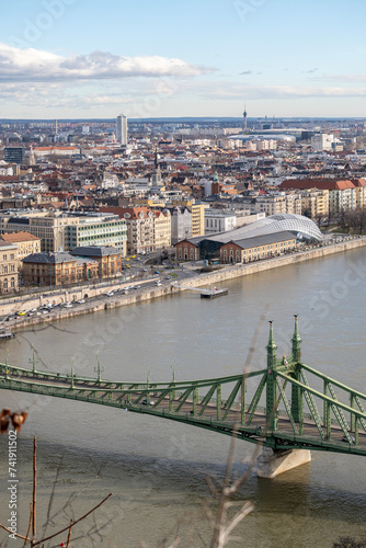 Iconic Liberty Bridge, crossing Danube river, connecting Buda and Pest parts of Budapest, Hungary