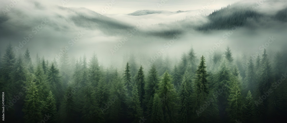 Panoramic view of foggy forest in the mountains at sunrise