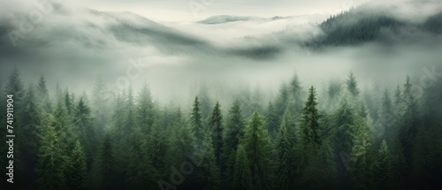 Panoramic view of foggy forest in the mountains at sunrise