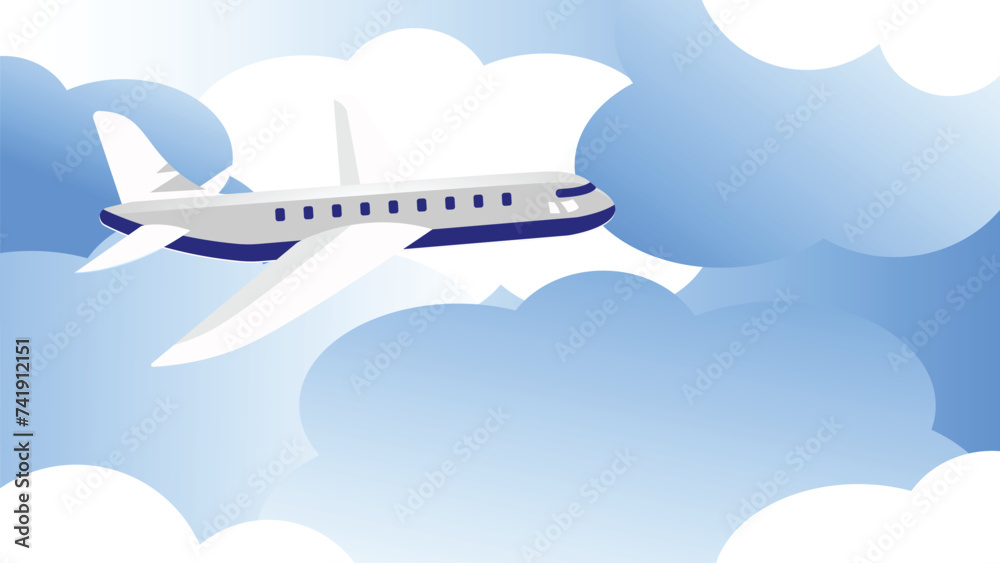 Flight of the plane in the sky. Passenger planes, airplane, aircraft, flight, clouds, sky, sunny weather. Color flat icons. Vector illustration

