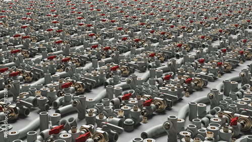 Group of fittings, screeds, gaskets, plumbing products arranged neatly, 3d rendering