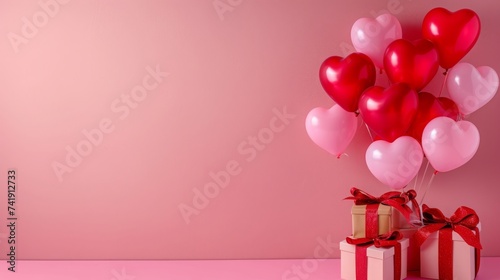 red and pink ballon heart shape in pink studio with gift boxes, birthday, valentine, party, gifts, copy space, 16:9 © Christian
