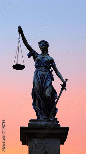 Silhouette of justice statue at sunset, representing law, fairness and legal system. Ideal for law firm websites and educational content