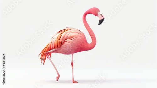 A delightful 3D rendering of a cute flamingo, standing gracefully on a pristine white background. Perfect for adding a pop of color and whimsy to any project or design.