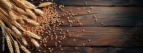 ears of wheat and grain on dark wooden background