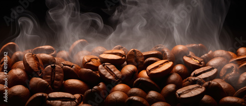 Roasted coffee beans emitting a rich aroma captured amidst rising steam against a dark background.