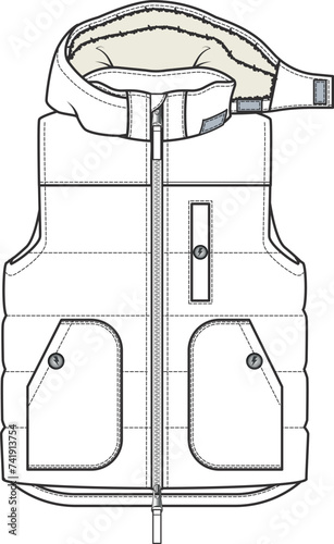 HOODED CHILDREN'S VEST. Fashion VEST Design: Flat Sketch Template Vector Technical Fashion Drawing. VEST for boys' outerwear fashion collection.